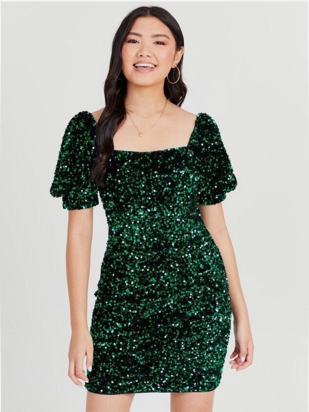 Altar'd State NWT Green/Black Sequin Puff-Sleeve Mini Dress Sz L